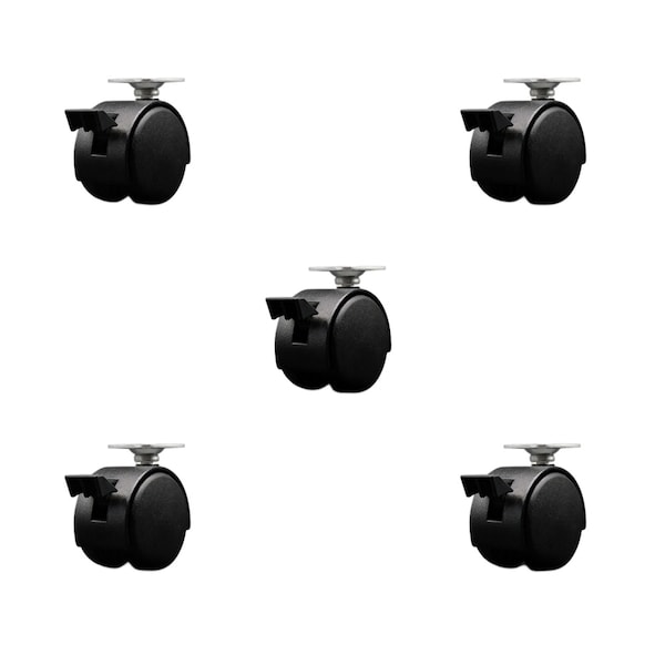 2'' Black Metal Hooded Twin Caster with Brake Nylon Wheels Top Plate, 5PK